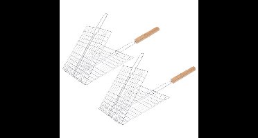 BBQ/barbecue rooster - 2x - klem grill - metaal/hout - 21 x 23 x 1 cm