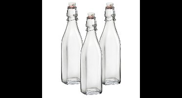 Bormioli Rocco beugelfles/weckfles - 3x - 1 liter - glas - vierkant - water/olie/azijn/sapjes