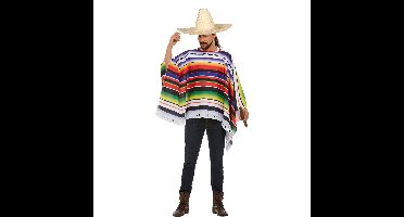 Carnaval verkleed set Mexicaan - gekleurde one size poncho - Sombrero hoed naturel dia 59 cm