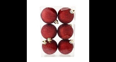 Cosy & Trendy Kerstballen - 6x st - donkerrood - glitters - 6 cm - kunststof