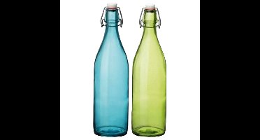 Deco of weckflessen set - 2x stuks - met beugeldop - 30 cm - 1 liter - blauw en groen