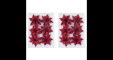 Decoratie bloemen - rozen - 12x - rood glitter - op ijzerdraad - 8 cm - Decoratiebloemen