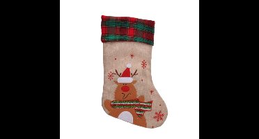 Decoratie kerstsok - met rendier - H42 cm - jute/polyester