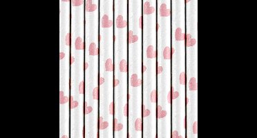 Drinkrietjes - papier - 20x - wit/roze hartjes - 19,5 cm - rietjes