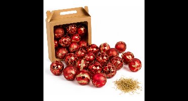 Feeric Christmas Kerstballen - 25x st - rood - goud - D6 cm - kunststof - met 50 haakjes
