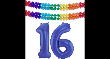 Folat Verjaardag Leeftijd folieballon - 16 jaar - blauw - 86 cm - incl 2x slingers