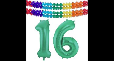 Folat Verjaardag Leeftijd folieballon - 16 jaar - groen - 86 cm - incl 2x slingers