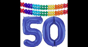 Folat Verjaardag Leeftijd folieballon - 50 jaar - blauw - 86 cm - incl 2x slingers