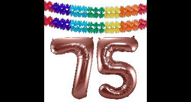 Folat Verjaardag Leeftijd folieballon - 75 jaar - ros? goud - 86 cm - incl 2x slingers