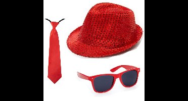 Folat Verkleedkleding set - glitter and glamour - hoedje / stropdas / party bril - rood