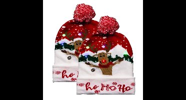 Foute kerstmuts - 2x - rood - Ho Ho Ho - met LED lampjes - volwassenen - verlichte muts