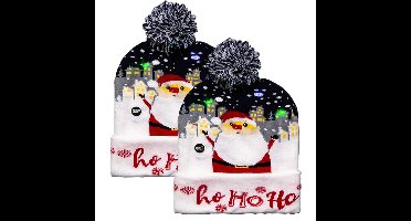 Foute winter muts- 2x - blauw - Ho Ho Ho - met LED lampjes - volwassenen - verlichte kerstmuts