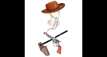 Funny Fashion Verkleed cowboy hoed - bruin- met holster en een revolver - voor kinderen - carnaval