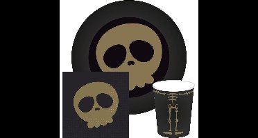 Halloween/horror doodshoofd/schedel bordjes/servetten/bekertjes - 52x - zwart - papier