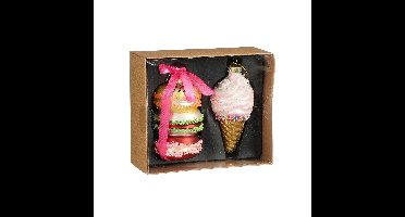 House of Seasons Kersthangers - 2x stuks - glas - macaron en ijsje - kerstornamenten