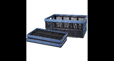 Inklapbare boodschappenkrat - 3x - opbergkrat - zwart/blauw - 48 x 35 x 24 cm - vouwkrat - 32 liter