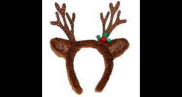 Kerst diadeem/haarband - rendier gewei met oren - donkerbruin - nepbont