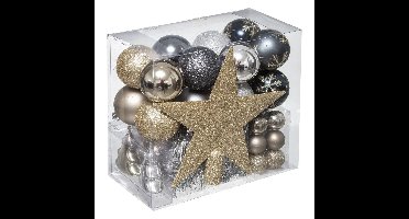 Kerstballen - 43x st - met ster piek - champagne/blauw/grijs - 3 tot 6 cm - kunststof