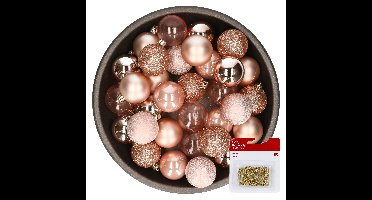 Kerstballen - 48x st - roze - 6 cm - kunststof - met kerstbalhaakjes goud