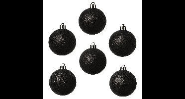 Kerstballen - 6x st - zwart - glitters - D6 cm - kunststof - kerstversiering