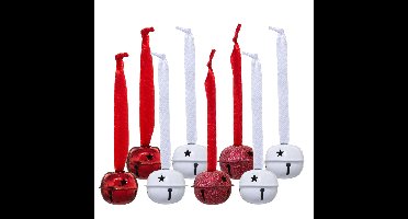 Kerstbelletjes hangers - 16x stuks- metaal - wit/rood - D4 cm