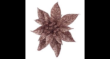Kerstboomversiering op clip - donker beige - glitter bloem - 15 cm