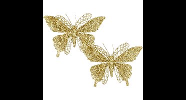 Kerstboomversiering Vlinder - 2x stuks - 16 cm - goud glitter - op clip