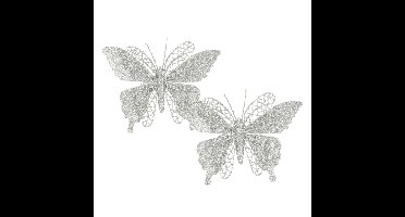 Kerstboomversiering Vlinder - 2x stuks - 16 cm - zilver glitter - op clip