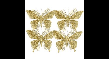 Kerstboomversiering Vlinder - 4x stuks - 16 cm - goud glitter - op clip