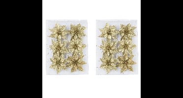 Kersthangers - 12x - bloemen ijzerdraad - glitter - goud - Decoratiebloemen - kerstboomversiering