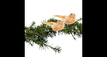Kerstversiering decoratie vogels - op clip - 2x stuks - caramel bruin - 12 cm - kunststof