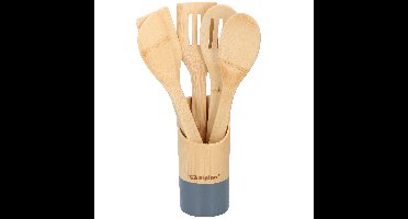 Keukengerei 5-delig 30 cm in houder naturel/blauw van bamboe
