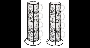 Koffiemokken Flowers - 8x stuks in metalen rekje - Keramiek - glans afwerking - 240 ml - 7 x 8 cm
