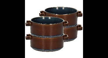 Kommetjes/schaaltjes voor dessert/soep/ontbijt - 4x - Porselein - D13 x 5.5 cm - blauw/bruin