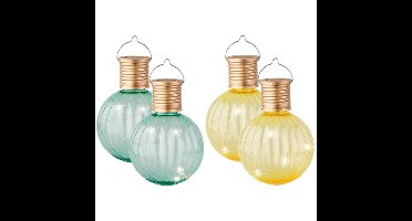 Lumineo Set 4x Buiten LED Lampion - Geel en Turquoise - Solar - 11 cm