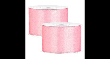 Partydeco Cadeaulint - 2x - lichtroze - 5 cm x 25 meter - satijn - sierlint - inpakken - decoratie