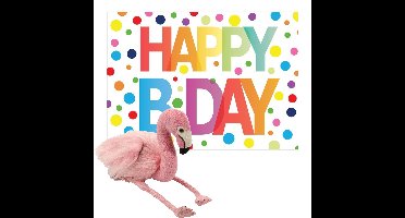 Pluche dieren knuffel flamingo 20 cm met Happy Birthday wenskaart