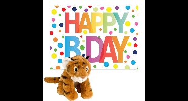 Pluche dieren knuffel tijger 20 cm met Happy Birthday wenskaart