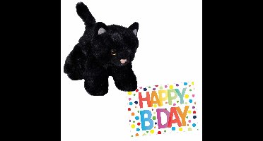 Pluche knuffel kat/poes - zwart - 18 cm - met A5-size Happy Birthday wenskaart - Verjaardag