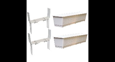Set van 2 kunststof plantenbakken wit rechthoekig 80 cm met 4 verstelbare balkon/muurbeugels