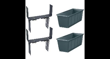 Set van 3 kunststof plantenbakken grijs rechthoekig 40 cm met 6 verstelbare balkon/muurbeugels