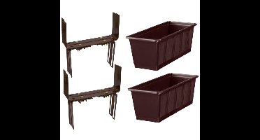Set van 4 kunststof plantenbakken bruin rechthoekig 60 cm met 8 verstelbare balkon/muurbeugels
