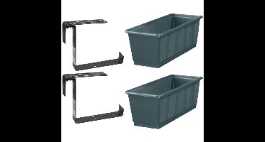 Set van 4 kunststof plantenbakken grijs rechthoekig 60 cm met 8 verstelbare railing beugels