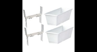 Set van 4 kunststof plantenbakken wit rechthoekig 60 cm met 8 verstelbare balkon/muurbeugels