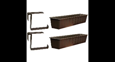 Set van 5 kunststof plantenbakken bruin rechthoekig 80 cm met 10 verstelbare railing beugels