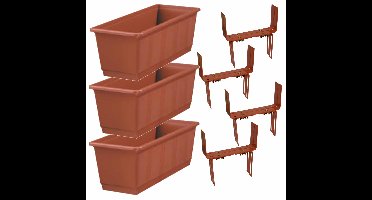 Set van 5 kunststof plantenbakken terracotta rechthoekig 40 cm met 10 verstelbare balkon/muurbeugels
