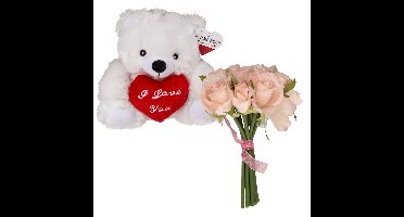 Valentijnscadeau - Beertje en rozenboeket- kunstbloem - wit - cadeau - romantisch