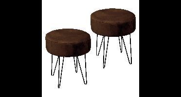 Velvet kruk Davy - 2x - donker bruin - metaal/stof - D35 x H40 cm - bijzet stoeltjes