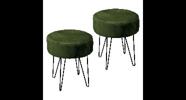 Velvet kruk Davy - 2x - groen - metaal/stof - D35 x H40 cm - bijzet stoeltjes