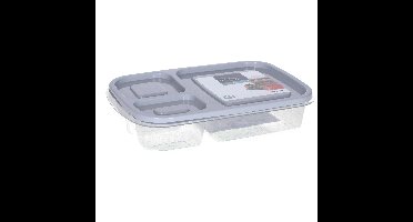 Vershoudbakje/lunchbox - luchtdicht - 3 vakjes - lichtgrijs - kunststof - broodtrommel -24 x 15 x 5